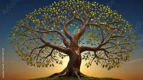 Tree of life with leaves, vector illustration of a colorful tree with roots
