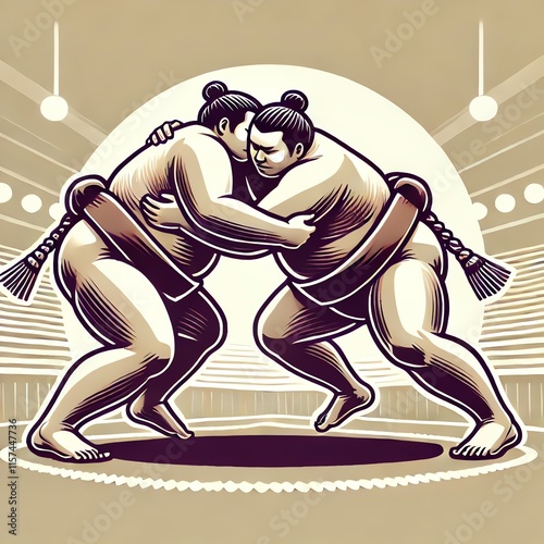 An illustration of two sumo wrestlers in mid-grapple, wearing traditional sumo mawashi belts