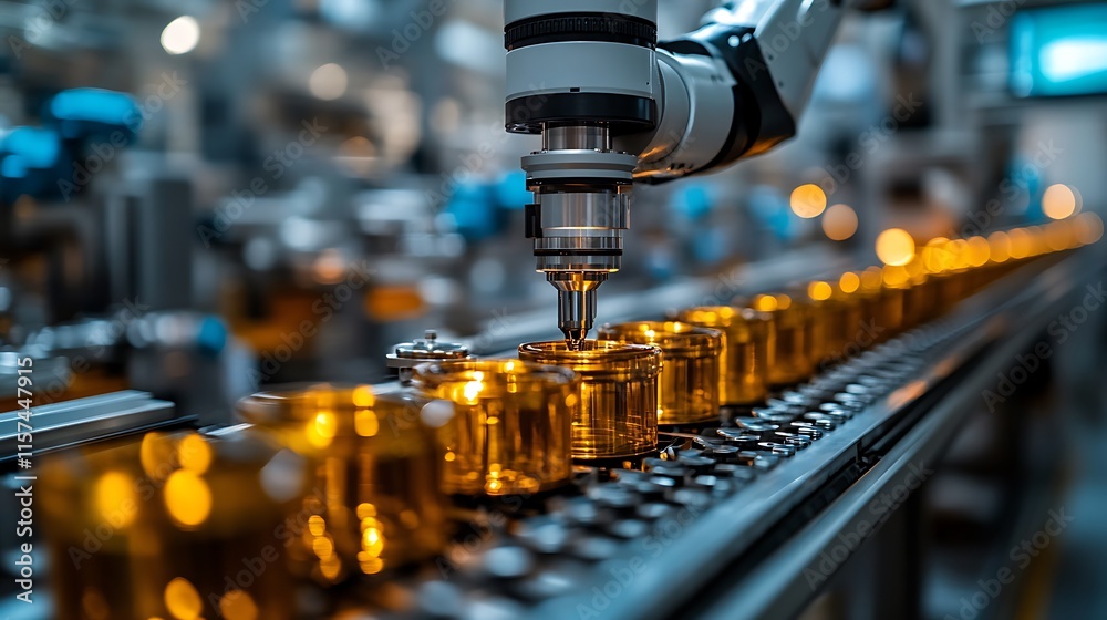 Robotic Arm Assembling Amber Containers on Conveyor Belt Robotic Arm Assembling Amber Containers on Conveyor Belt