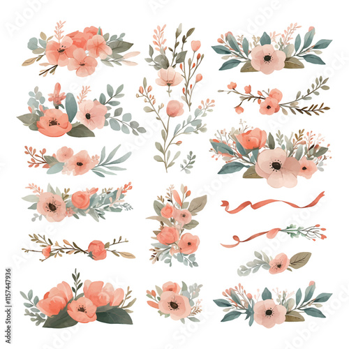 A row of flowers with a blue and pink background. The flowers are in various sizes and are arranged in a way that creates a sense of movement and depth. Scene is one of tranquility and natural beauty