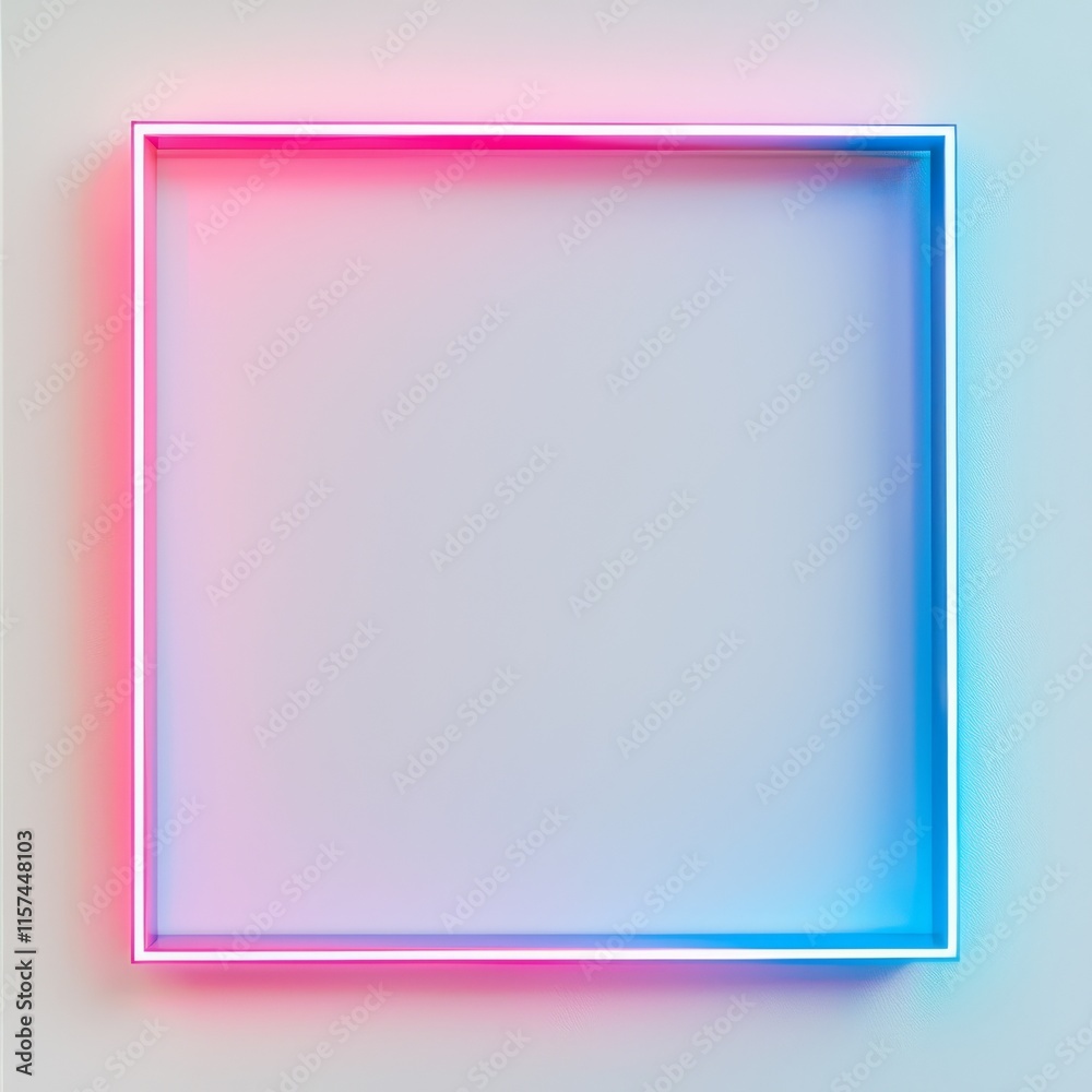 Neon Square Frame: A vibrant square frame composed of glowing pink and blue neon light, set against a minimalist backdrop. This graphic image offers a dynamic and eye-catching element. Neon Square Frame: A vibrant square frame composed of glowing pink and blue neon light, set against a minimalist backdrop. This graphic image offers a dynamic and eye-catching element.