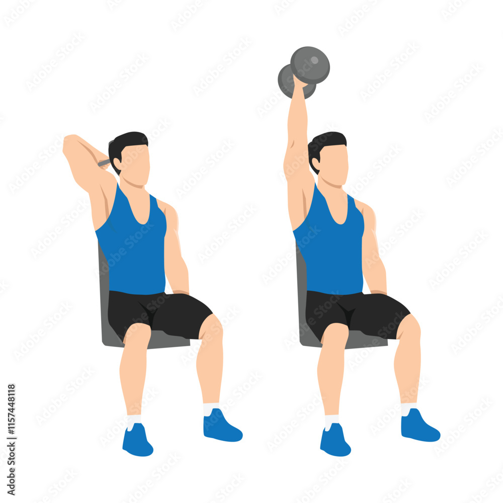 Man doing Seated Single arm overhead dumbbell tricep extensions. Flat vector illustration isolated on white background Man doing Seated Single arm overhead dumbbell tricep extensions. Flat vector illustration isolated on white background