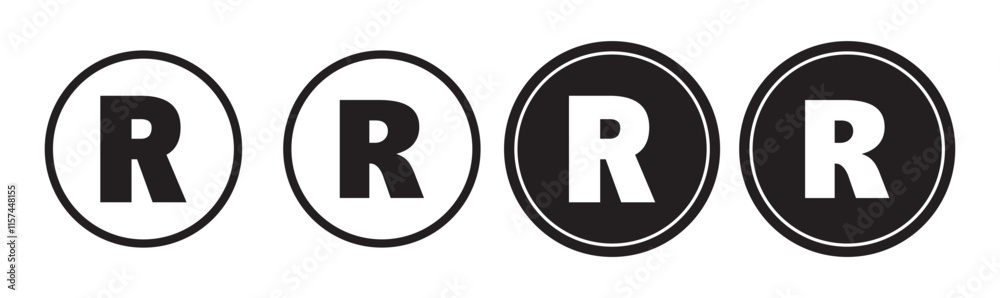 Registered trademark vector icon set black filled and outlined style. Registered trademark vector icon set black filled and outlined style.