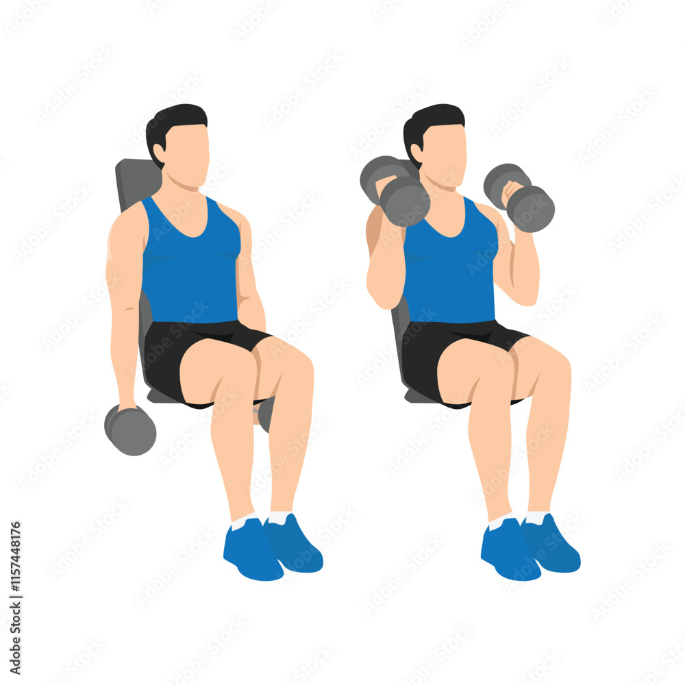 Man doing seated both arms dumbbell bicep hammer curls exercise. Flat vector illustration isolated on white background Man doing seated both arms dumbbell bicep hammer curls exercise. Flat vector illustration isolated on white background