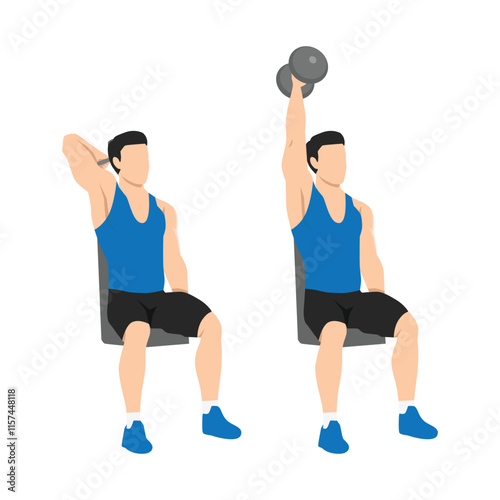 Man doing Seated Single arm overhead dumbbell tricep extensions. Flat vector illustration isolated on white background