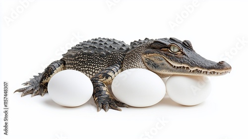 Baby alligator resting on three white eggs against a white background.