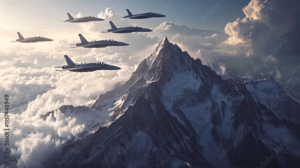 Fototapeta premium Group of fighter jets flying in formation in the sky above a mountain peak. Concept of might and power. Air Force. Illustration for cover, postcard, interior design, poster, brochure or presentation.