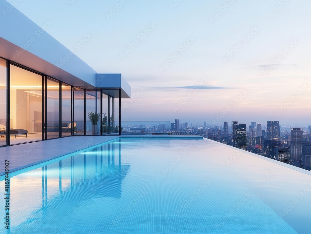 Fototapeta premium Elegant rooftop pool at a city penthouse, glass walls surrounding the pool, city skyline reflecting in the water, soft sunset