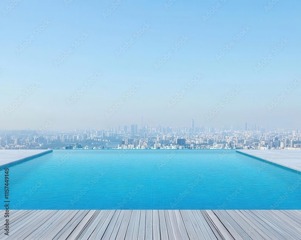 Modern rooftop pool with panoramic view, wooden deck, cityscape in the distance, bright daylight, serene water surface