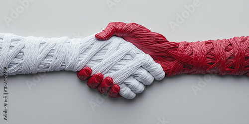 Red and White Stranded Hands in Handshake