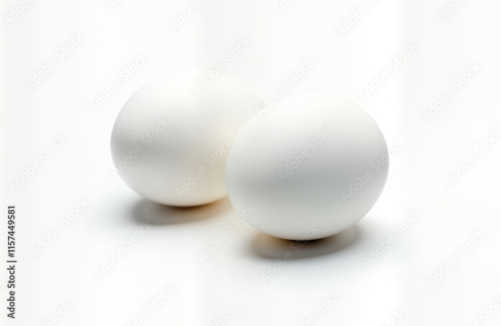 Two white chicken eggs displayed on white background. Perfect for food Easter themes. Image clear focus, detail. Ideal for fresh produce. Excellent product shot for health, lifestyle magazines. High Two white chicken eggs displayed on white background. Perfect for food Easter themes. Image clear focus, detail. Ideal for fresh produce. Excellent product shot for health, lifestyle magazines. High