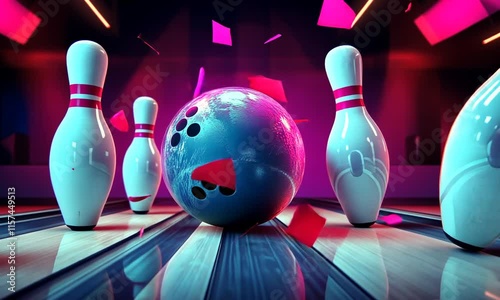 A vibrant bowling scene with neon lights and pins.