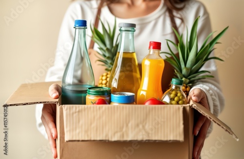 Woman holds cardboard box full of grocery products. Volunteer prepares food donation for poor families. Donation box ready for food bank. Helping needy people. Community support. Effort for social photo