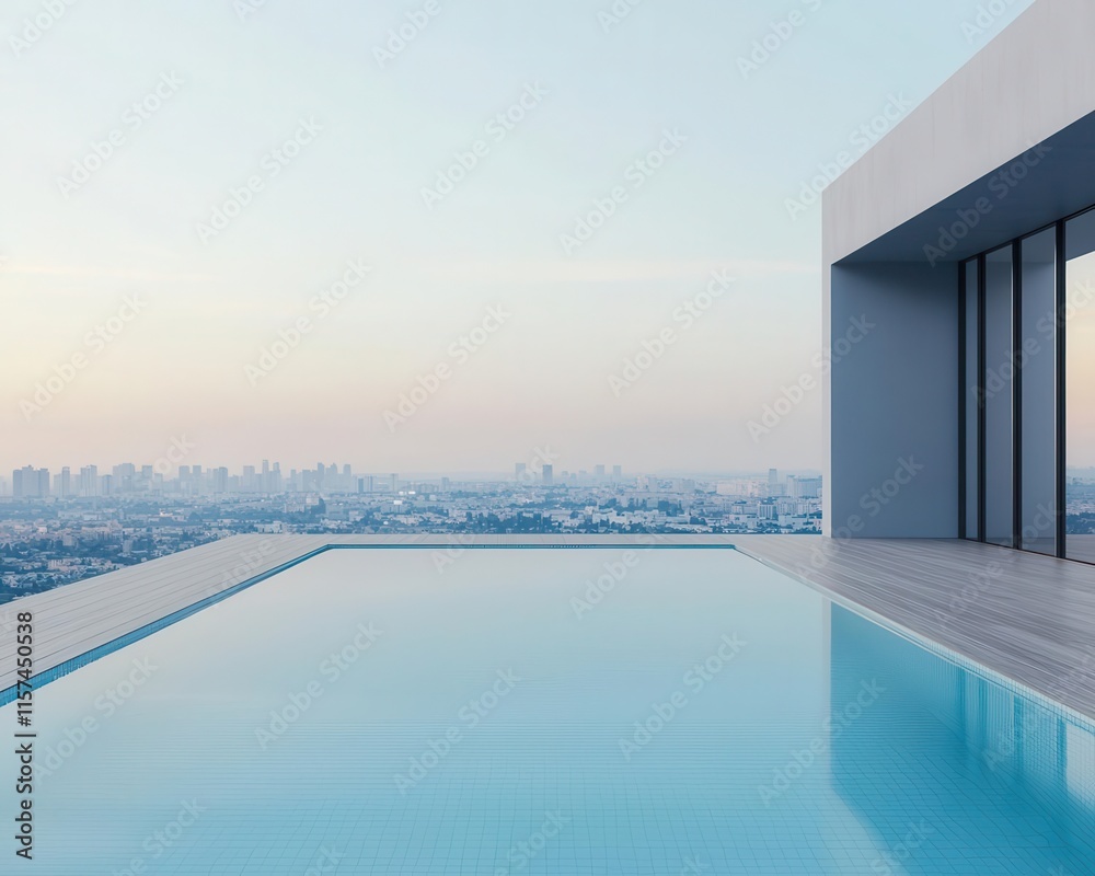Minimalist rooftop pool with a view of the city skyline, sleek wooden deck, modern apartment building, serene sunset reflections Minimalist rooftop pool with a view of the city skyline, sleek wooden deck, modern apartment building, serene sunset reflections