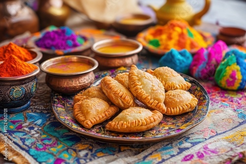 festive indian meal, holi celebration with gujiyas and thandai on a decorated tablecloth amidst vibrant decor is a tradition photo