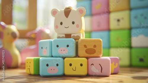Colorful wooden animal blocks stacked playfully for children.