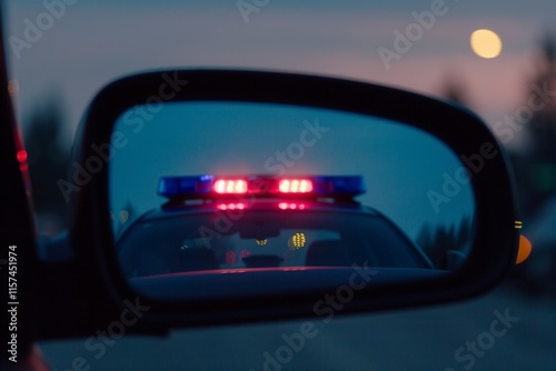 A police car with flashing lights seen through a car's side mirror at dusk. Suitable for law enforcement, traffic stops, or driving safety concepts.