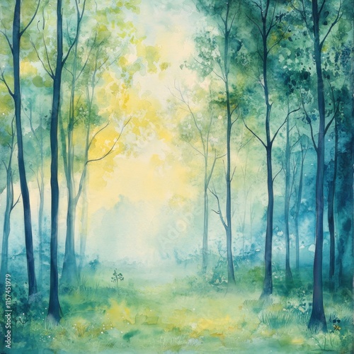 Enchanting sunlit forest path, misty morning, green trees, watercolor art.