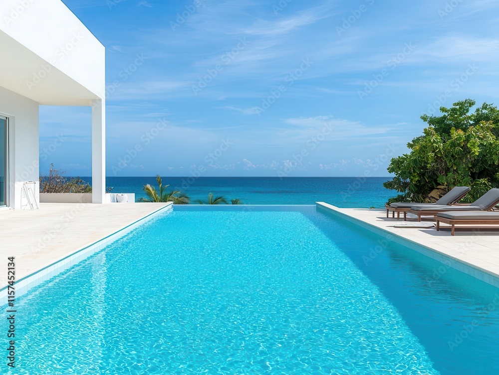 Fototapeta premium Luxurious rooftop pool with ocean view, infinity edge design, sleek lounge chairs, bright blue sky, modern residence