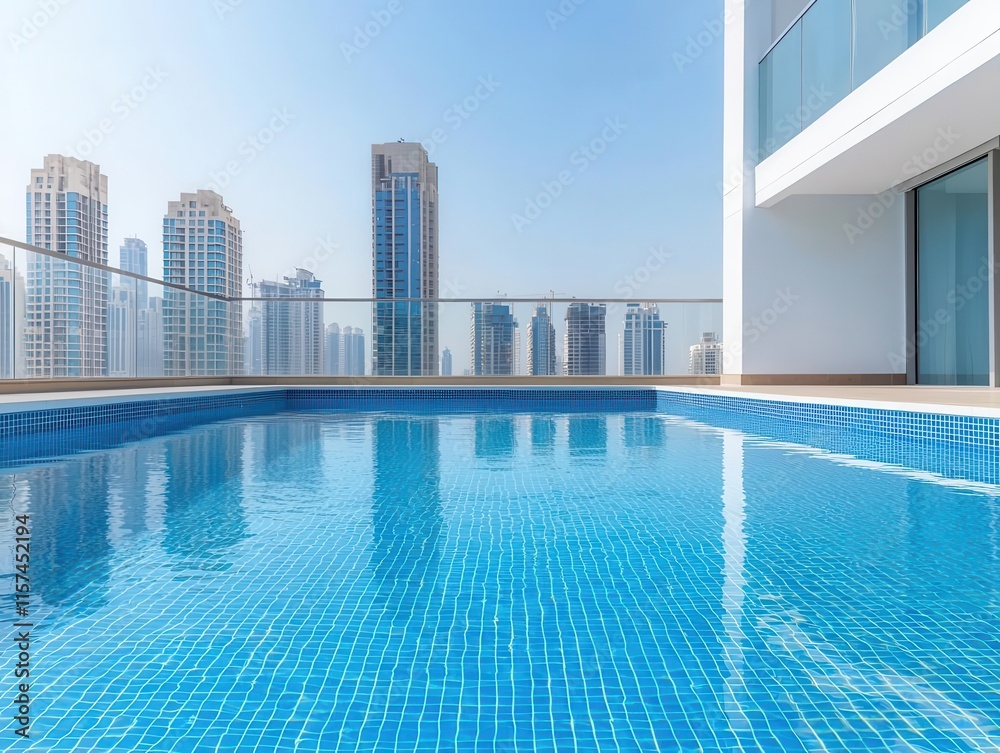 Fototapeta premium Rooftop swimming pool at a chic urban residence, glass barriers, view of city skyscrapers, serene water surface, bright day