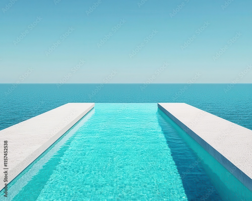 Fototapeta premium Infinity pool on the rooftop of a modern villa, ocean view, minimalist design, natural wooden deck, bright sunlight
