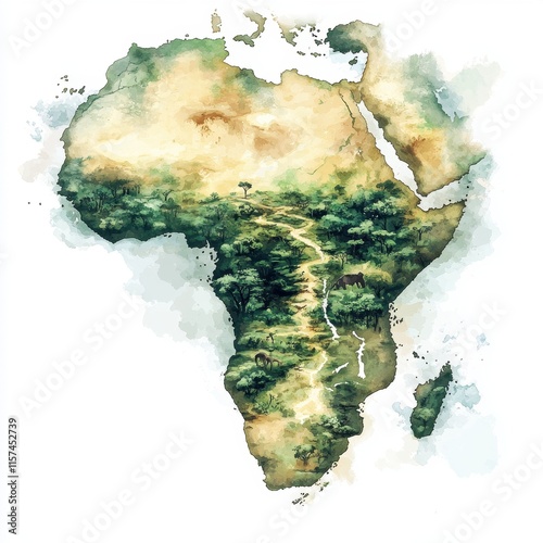 Watercolor Painting of the African Continent Showcasing its Diverse Wildlife and Lush Landscapes