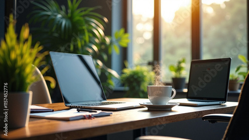 Sleek Modern Workspace: Natural Light, Plants, and Productivity for Remote Work and Eco-Friendly Office Solutions