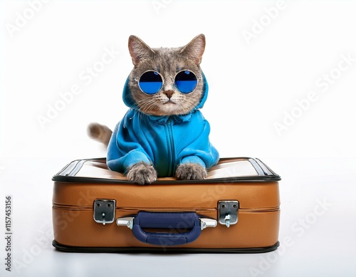 Serious grey cat sitting on a green suitcase, isolated on white