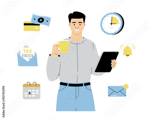 Online tax payment. Man paying taxes with bank card via tablet. Electronic wallet, online transfers and transactions. Vector illustration on isolated white background.	

