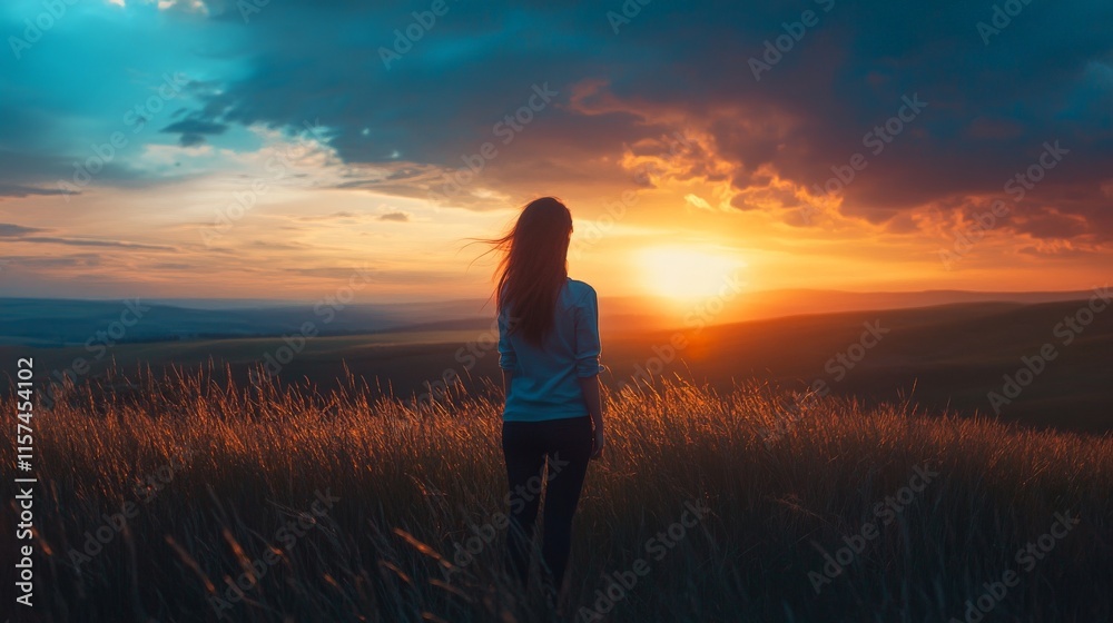 Silhouette of a Woman at Sunset in a Field Silhouette of a Woman at Sunset in a Field