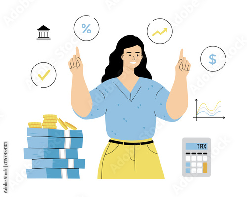 Budget planning, financial management, money saving. Tax payment, loan repayment date, pay bills and checks, tax return. Woman with a stack of money.Vector illustration on isolated white background.	
