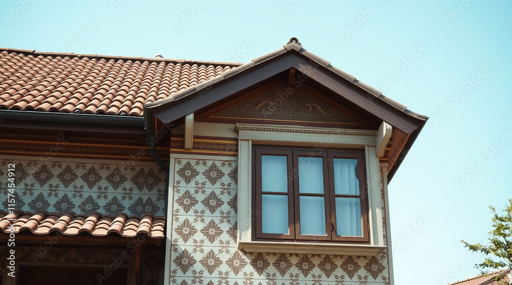 A building exterior features a brown tiled roof, a bay window with dark brown trim, and patterned wall tiles in beige and brown. The style is traditional with ornate wood detailing on the gable.