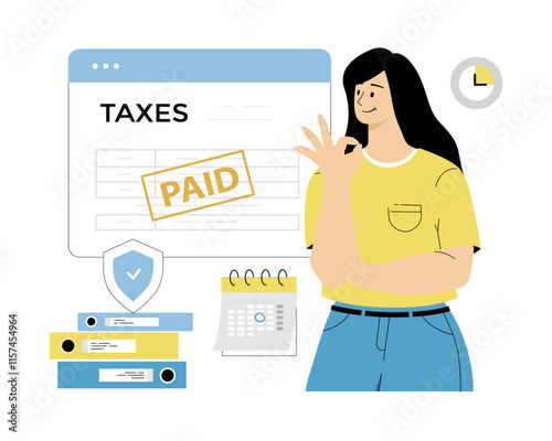 Taxes Paid stamp on the online document form. Payment of taxation online through the web service. Girl happy to pay taxes on time. Vector illustration on isolated white background.	
