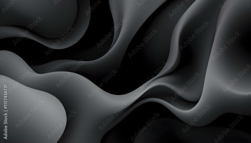 Fototapeta premium Black and grey abstract background with 3d flow gradient shapes. Trendy horizontal design template for banners, flyers, covers, and presentations. Soft waves seamless texture on shiny black background