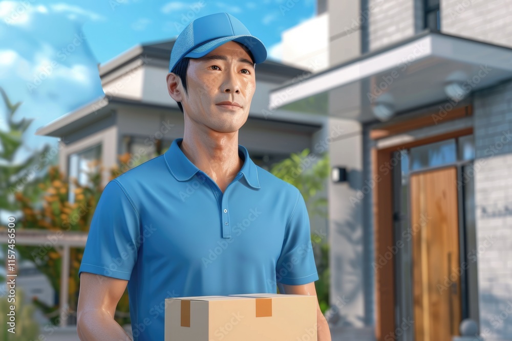 Asian delivery man delivering package to customers home. Asian delivery man delivering package to customers home.