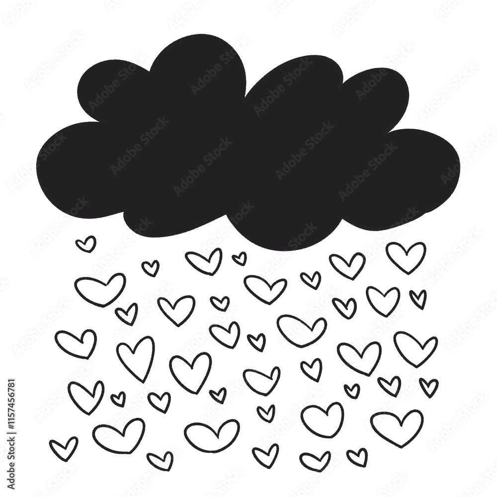 black and white cloud with heart shape rain illustration black and white cloud with heart shape rain illustration