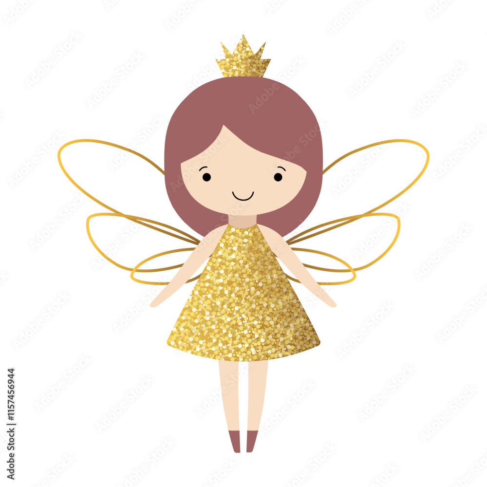 Little fairy in golden shining clothes. Fairytale gentle princess with wings. Cute fairy. Little fairy in golden shining clothes. Fairytale gentle princess with wings. Cute fairy.