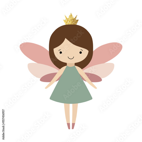 Little fairy in golden shining clothes. Fairytale gentle princess with wings. Cute fairy in minimalist design.