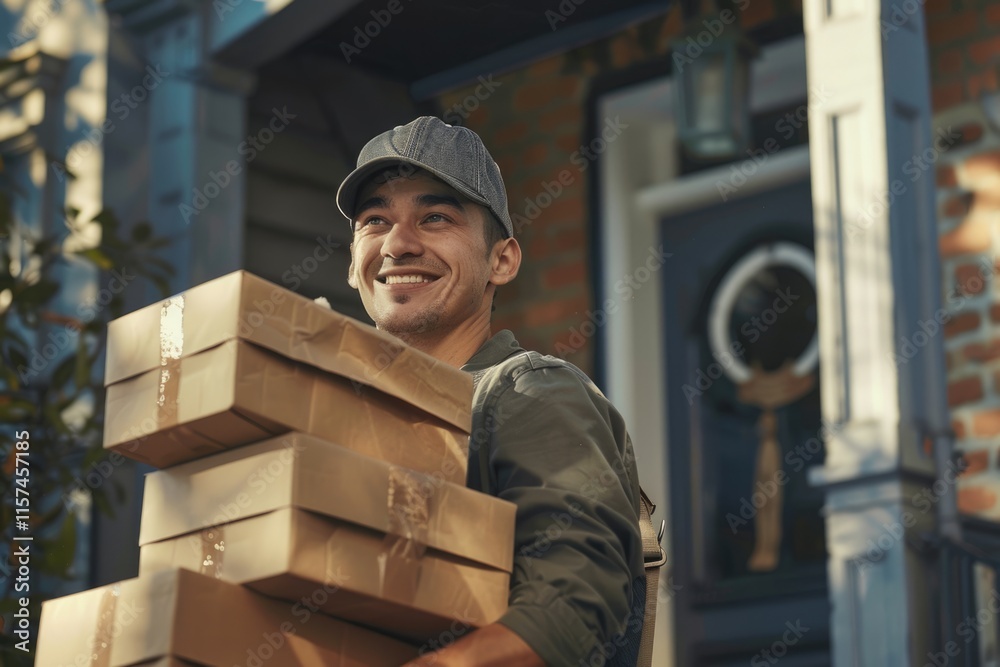 Happy deliverer carrying packages while making home delivery to his customer. Happy deliverer carrying packages while making home delivery to his customer.