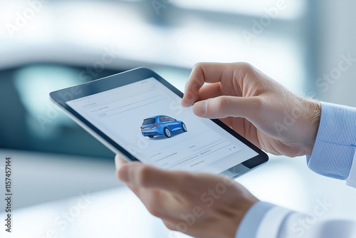 Exploring car options on a digital tablet during a dealership visit