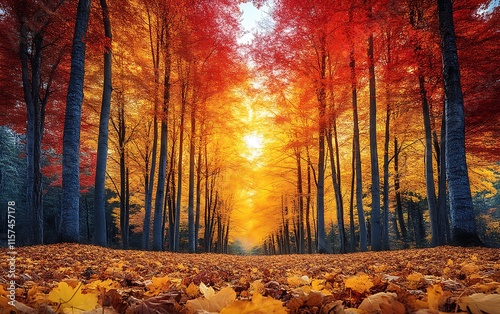 Vibrant autumn forest path at sunset.