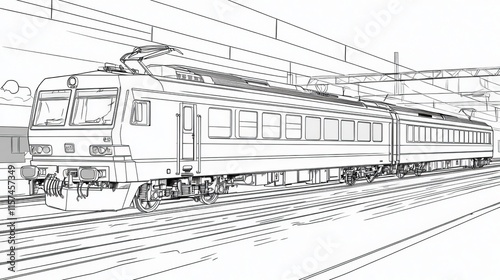 Detailed Vector Line Art Modern Passenger Train at a Busy Station, Ready for Departure