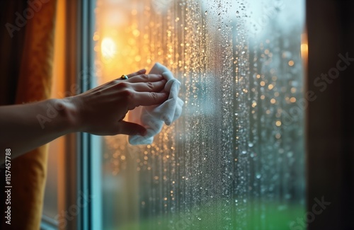 Hand wipes water condensation from window covered in raindrops. Indoor shot of home window. Moisture problem evident on wet window. Closeup view of condensation on glass. Humid environment inside