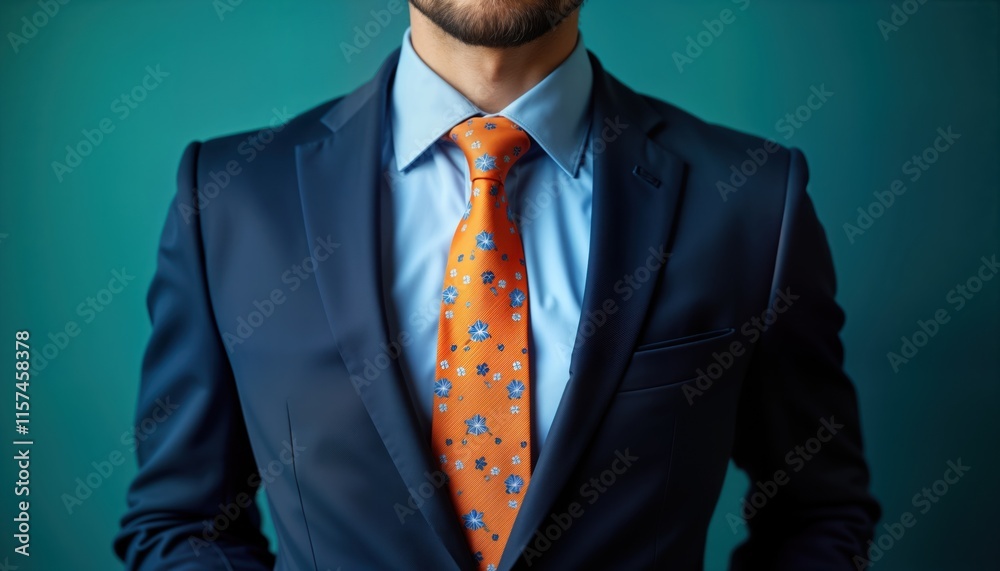 © miss irine - Man in a formal blue suit with an orange tie featuring flower patterns. Close-up view of the suit jacket shirt and tie. Business style clothing. Formal occasion. Professional attire.