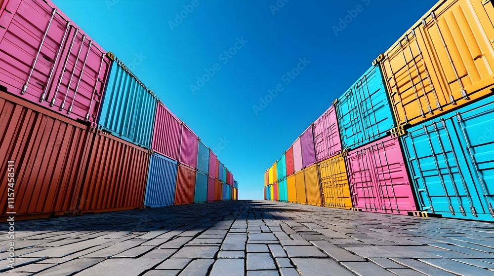 Fototapeta premium Colorful Shipping Containers Under Clear Blue Sky in Storage Yard