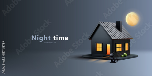 Modern house on a dark moonlit night and a cat near the porch, 3D. For concepts of cozy home, technology, magical events. Vector