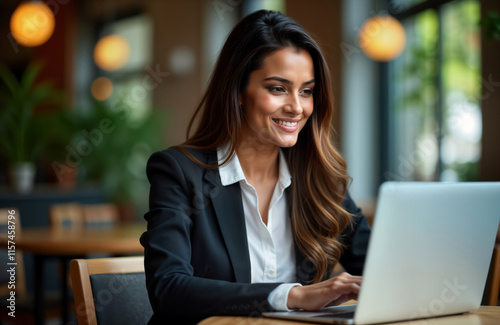 Young Indian businesswoman works on laptop in eatery. Smiling pro woman uses wireless tech. Confident corporate employee in office style attire. Happy, focused digital worker. Busy day. Business