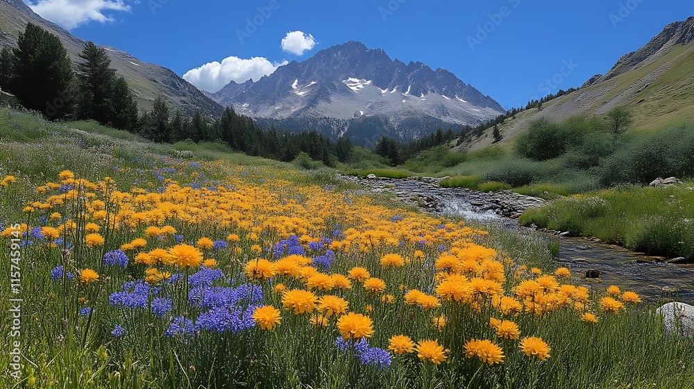 Fototapeta premium Mountain meadow wildflowers stream.