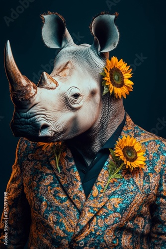 Creative portrait of a person wearing a rhinoceros mask and floral suit, symbolizing unique personality and artistic expression in modern fashion photography. photo