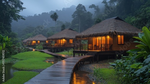Rain-soaked wooden bungalows on a jungle boardwalk at dusk.